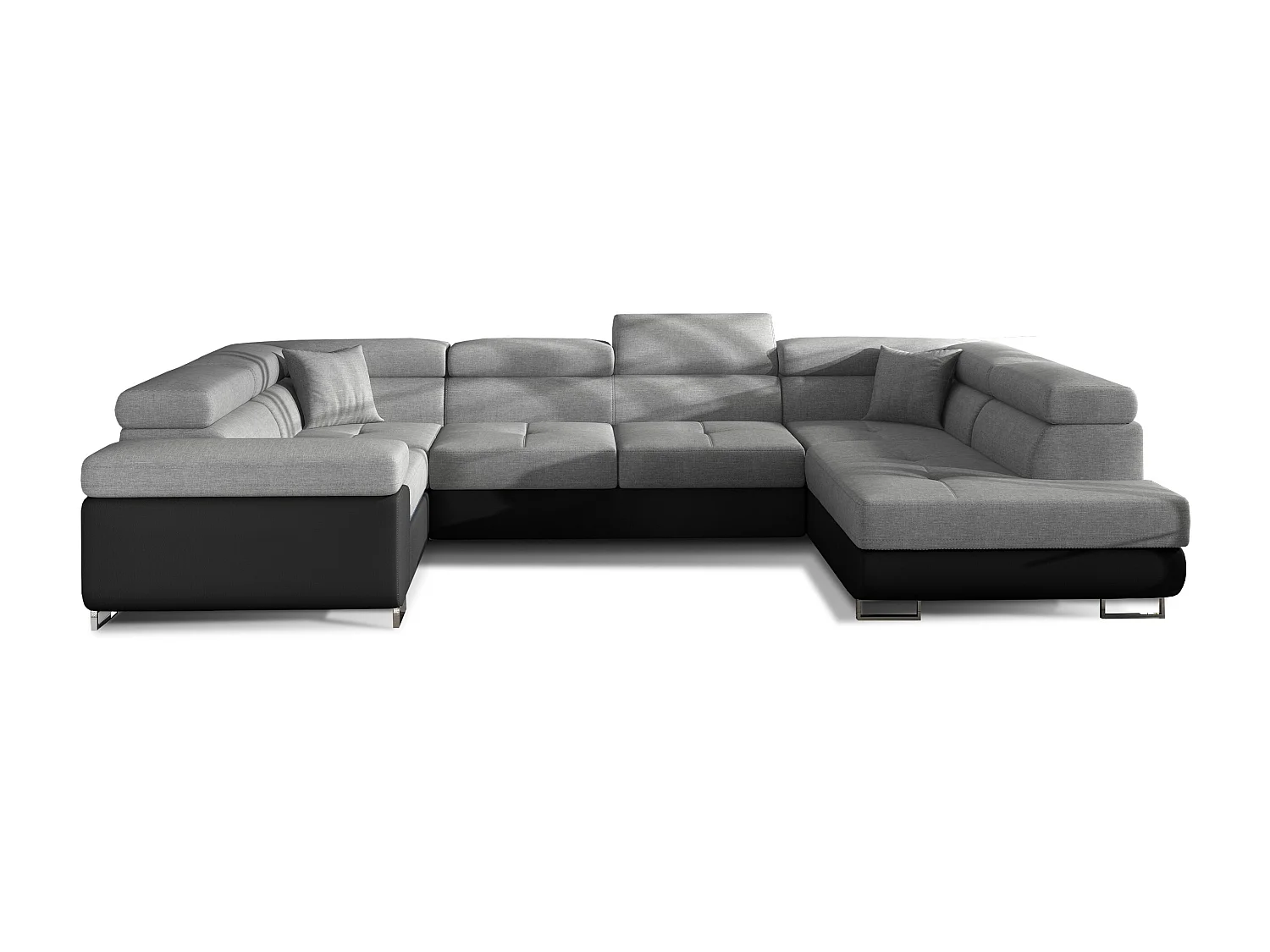 Canapé convertible U droit tissu gris clair et simili noir avec coffre de rangement Tovy 340cm