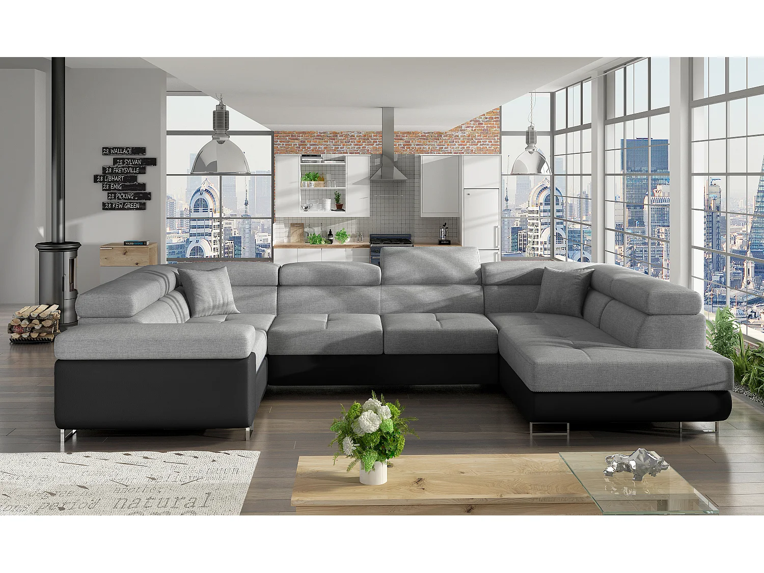 Canapé convertible U droit tissu gris clair et simili noir avec coffre de rangement Tovy 340cm