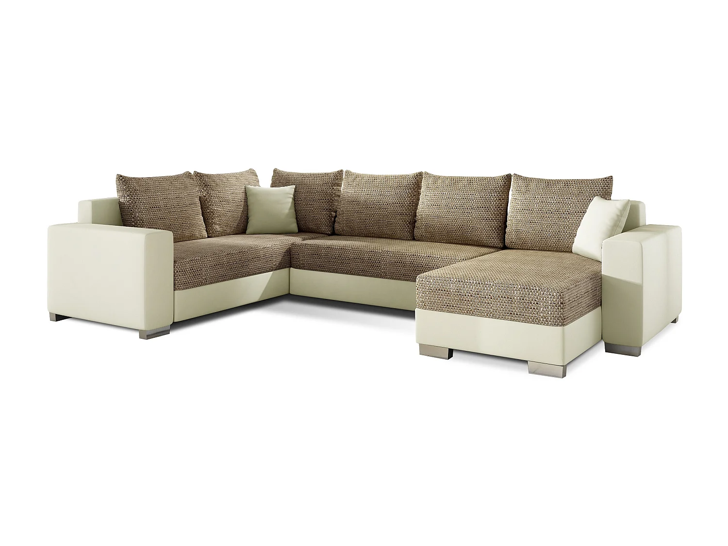 Canapé U convertible tissu beige chiné et simili beige coffre de rangement à droite Marry 321cm