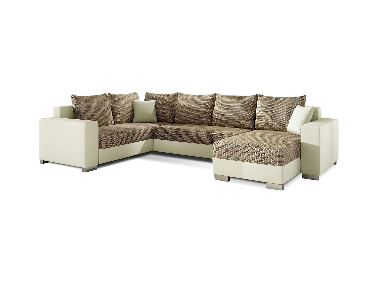 Canapé U convertible tissu beige chiné et simili beige coffre de rangement à droite Marry 321cm