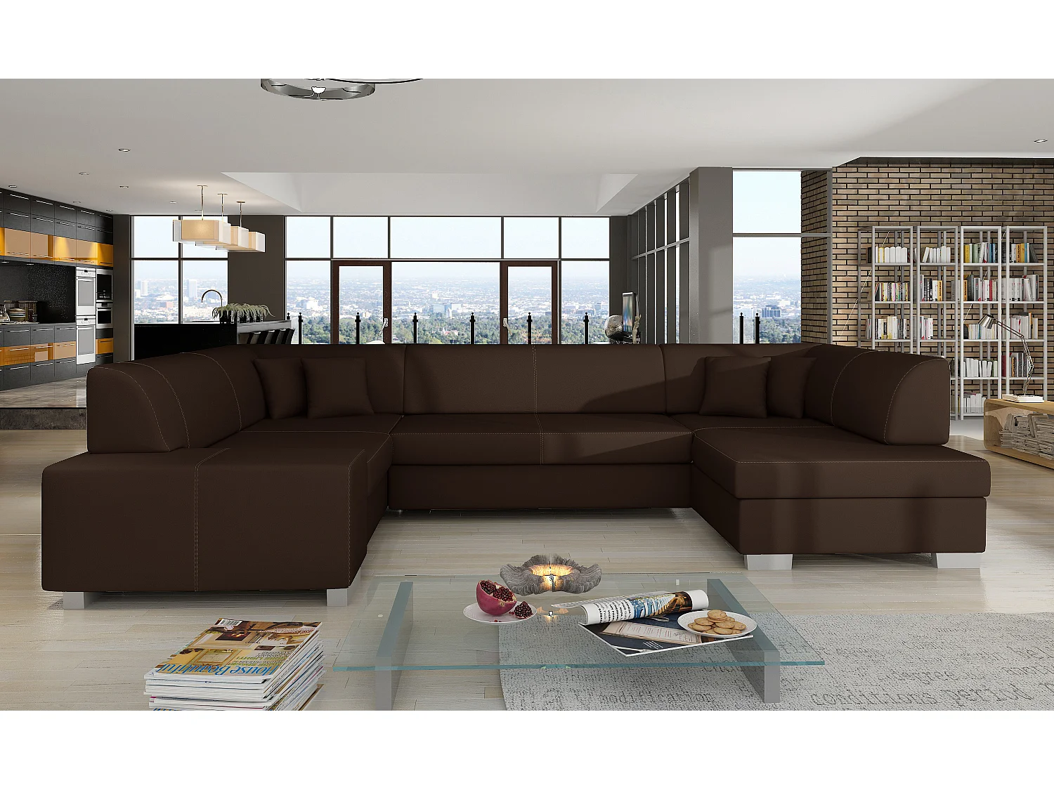 Canapé convertible panoramique simili cuir marron avec coffre de rangement Houston 320cm-Coffre de rangement à droite