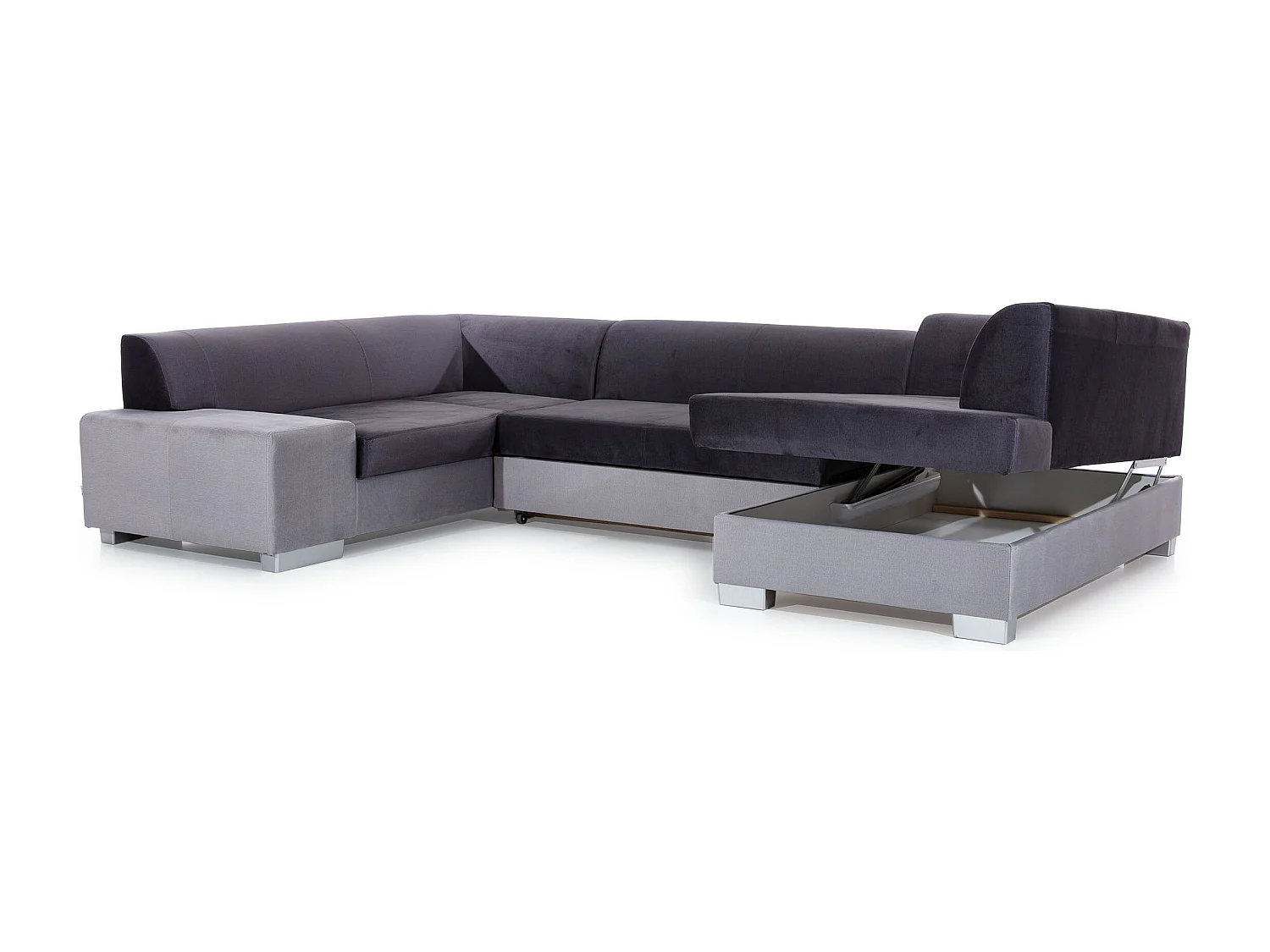 Canapé convertible panoramique simili cuir marron avec coffre de rangement Houston 320cm-Coffre de rangement à droite