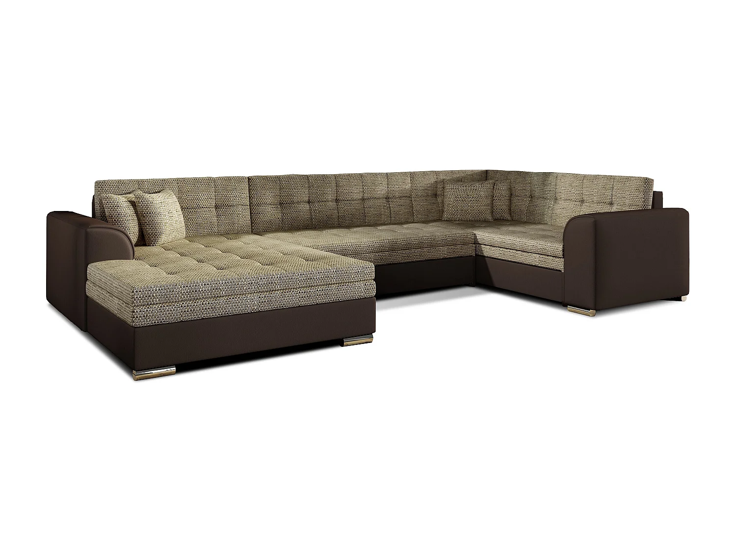 Panoramische slaapbank in gevlekte beige stof en bruine imitatie chaise longue aan de linkerkant Diana 340 cm