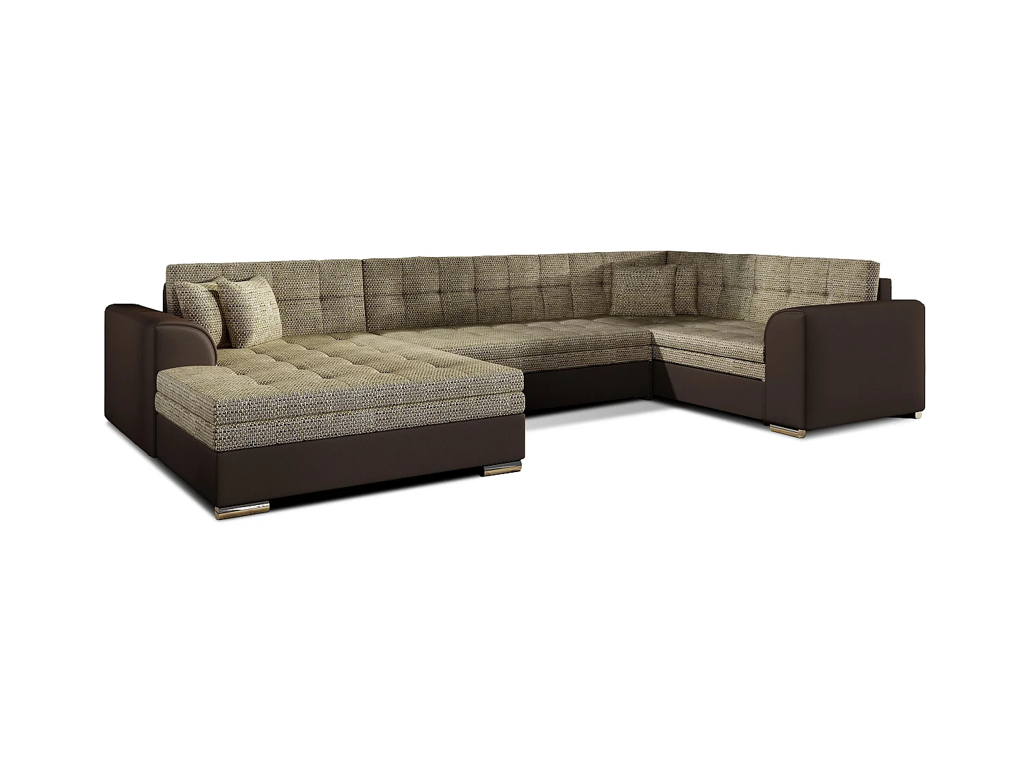 Canapé convertible panoramique tissu beige chiné et simili marron méridienne à gauche Diana 340cm