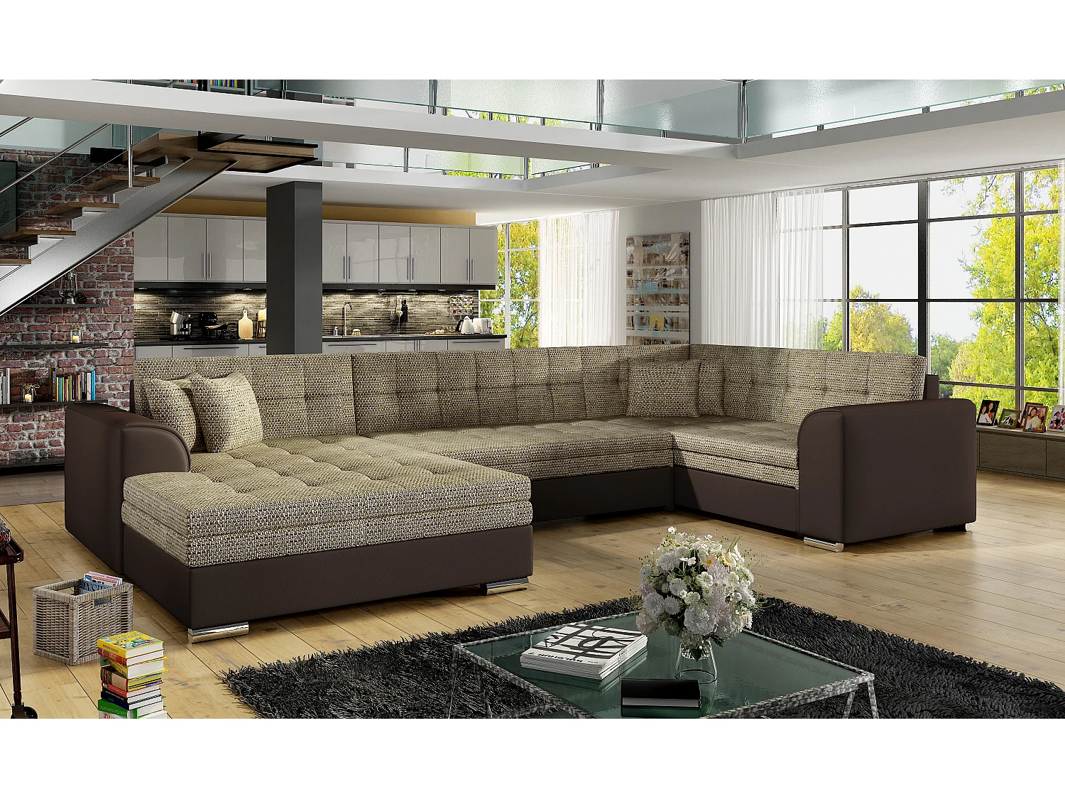 Canapé convertible panoramique tissu beige chiné et simili marron méridienne à gauche Diana 340cm