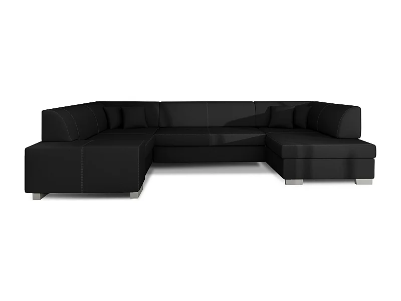 Canapé convertible panoramique simili cuir noir avec coffre de rangement Houston 320cm-Coffre de rangement à droite