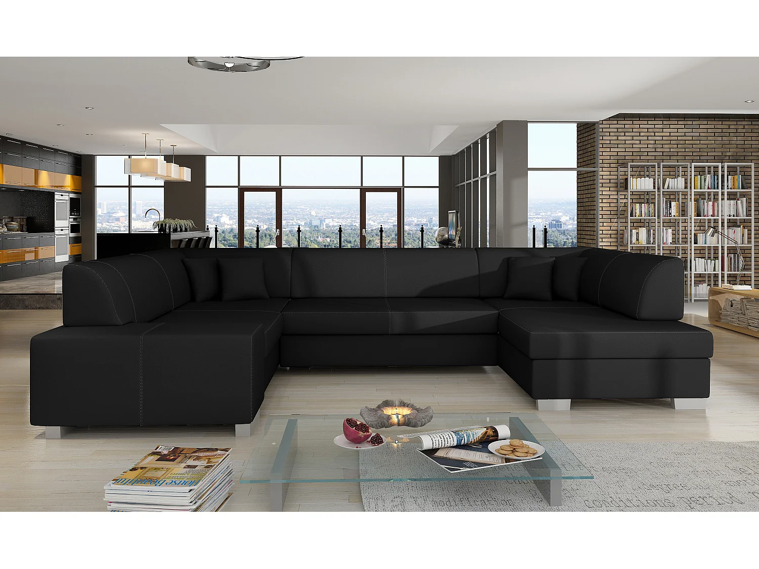 Canapé convertible panoramique simili cuir noir avec coffre de rangement Houston 320cm-Coffre de rangement à droite