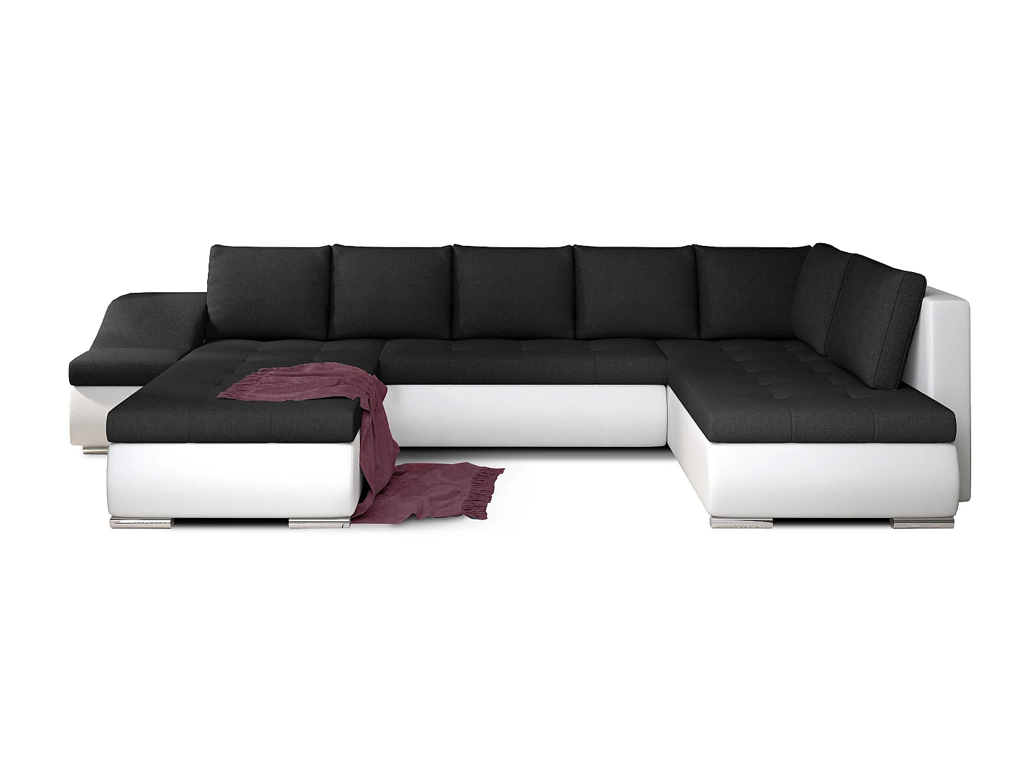Canapé panoramique convertible tissu noir et simili cuir blanc Jonaz 340cm-Méridienne A gauche