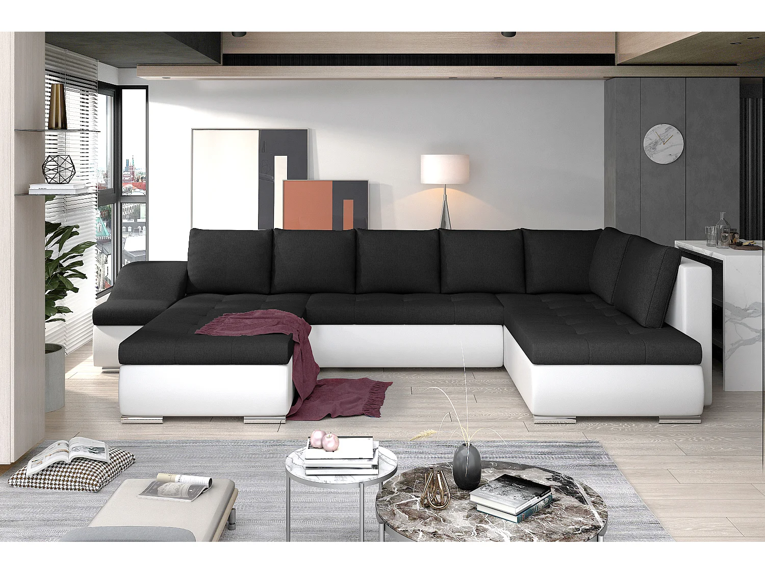 Canapé panoramique convertible tissu noir et simili cuir blanc Jonaz 340cm-Méridienne A gauche