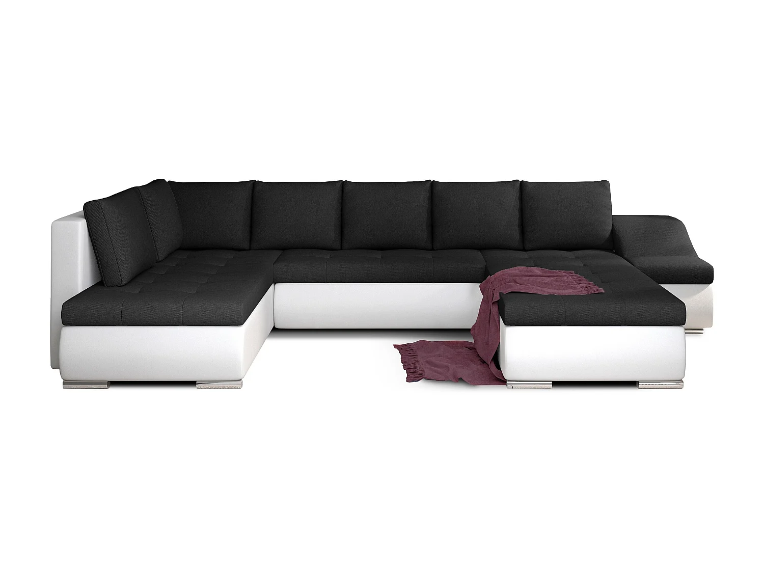 Canapé panoramique convertible tissu noir et simili cuir blanc Jonaz 340cm-Méridienne A gauche