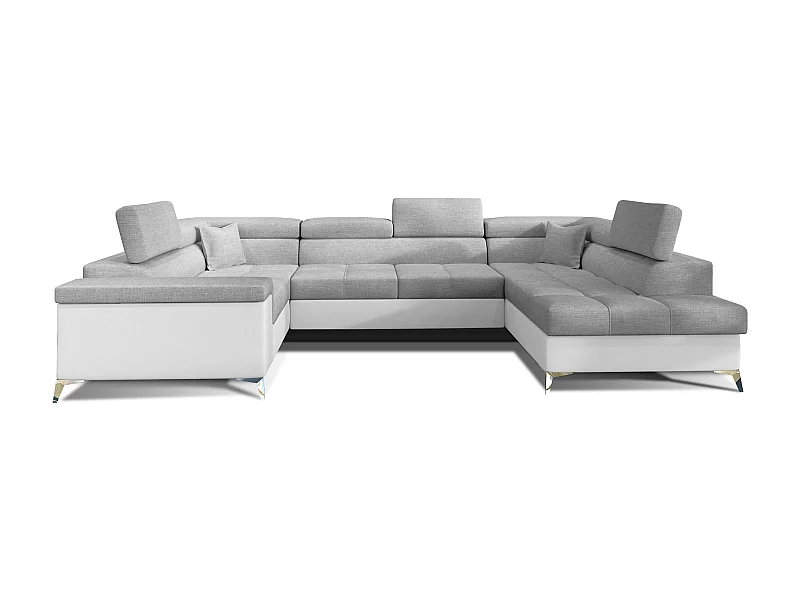 Canapé panoramique convertible tissu gris clair et simili cuir blanc avec coffre de rangement Triano 342cm-Coffre de rangement à droite