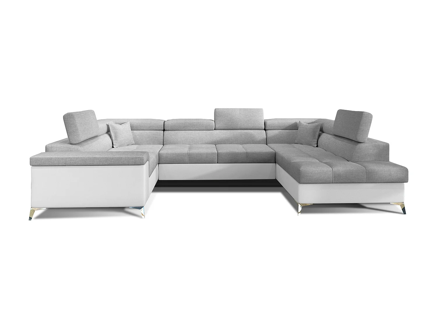 Canapé panoramique convertible tissu gris clair et simili cuir blanc avec coffre de rangement Triano 342cm-Coffre de rangement à droite