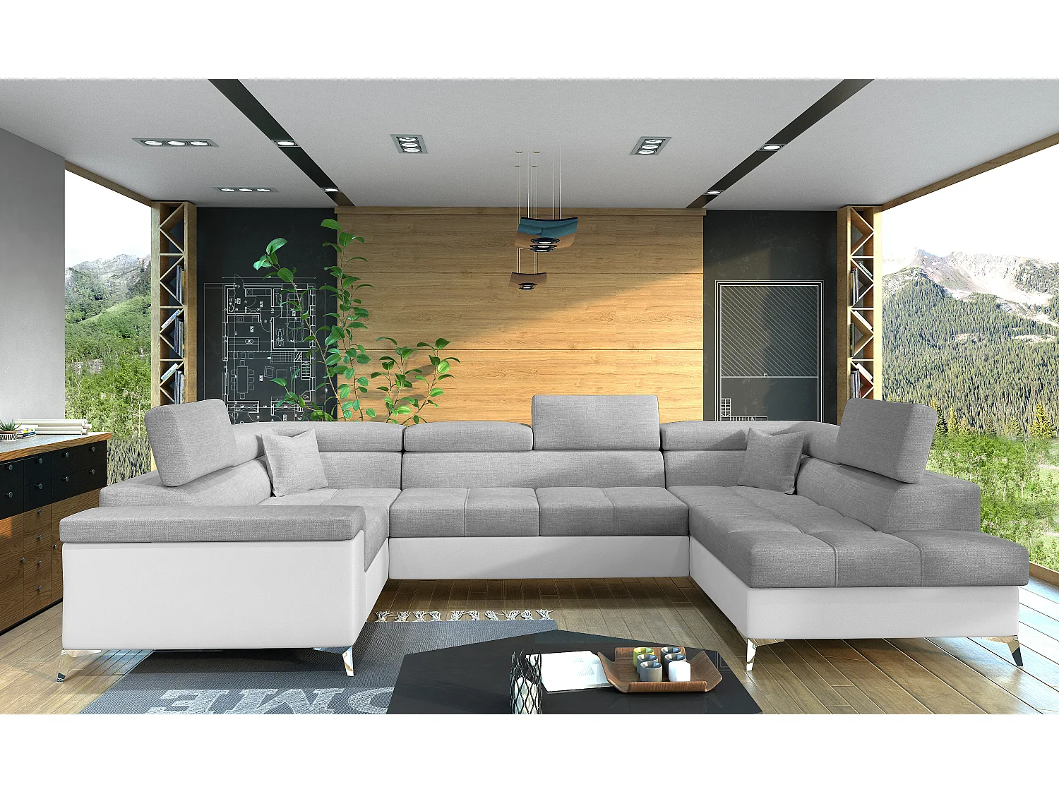 Canapé panoramique convertible tissu gris clair et simili cuir blanc avec coffre de rangement Triano 342cm-Coffre de rangement à droite