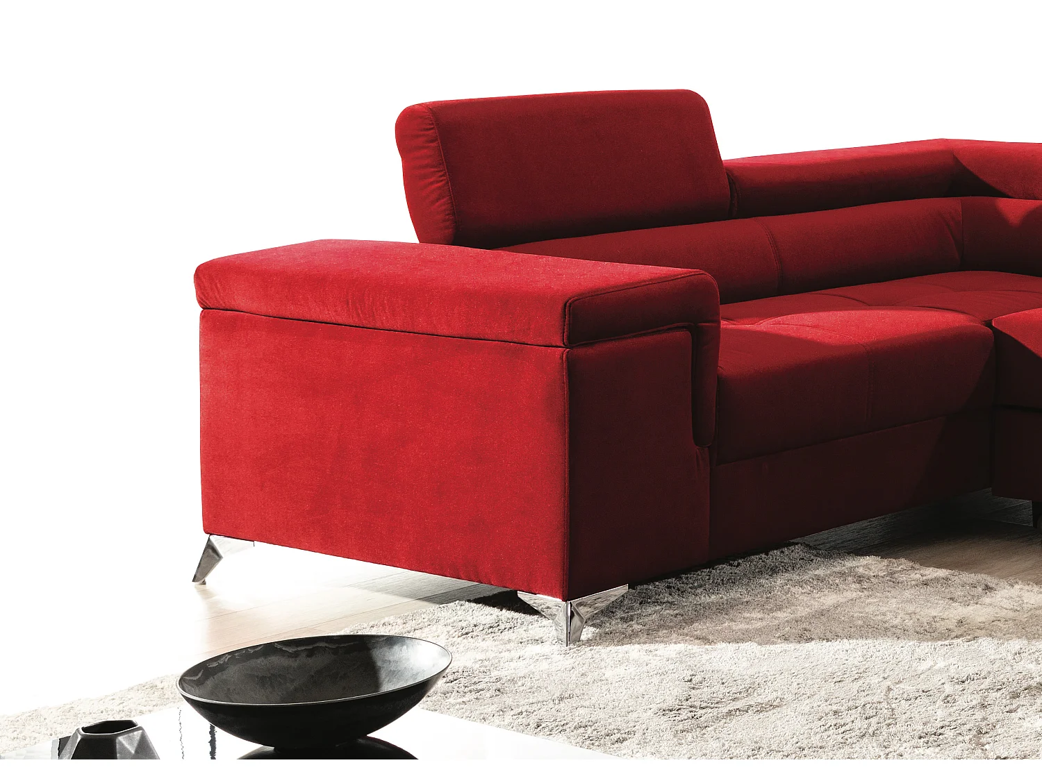 Canapé panoramique convertible tissu gris clair et simili cuir blanc avec coffre de rangement Triano 342cm-Coffre de rangement à droite