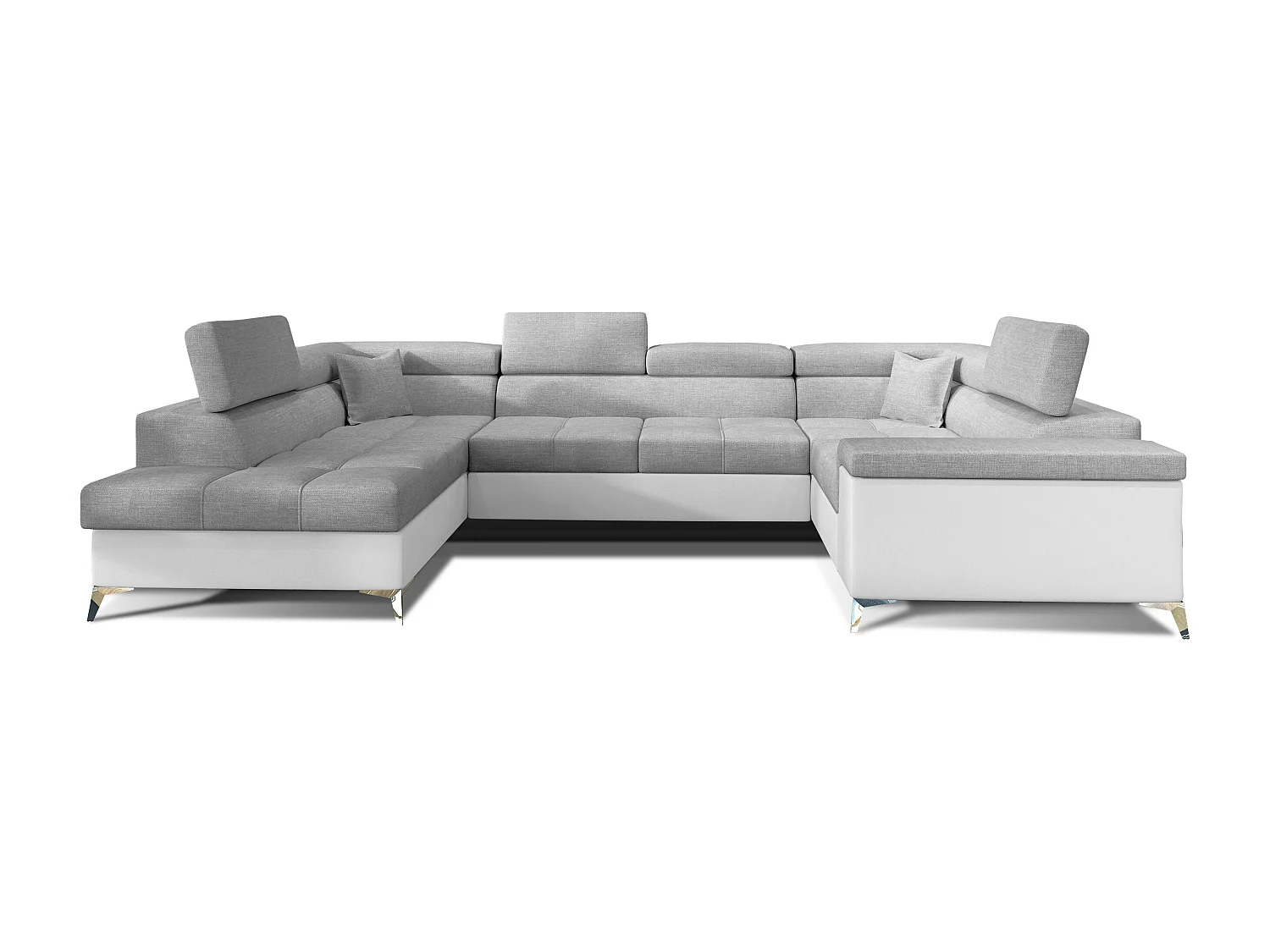 Canapé panoramique convertible tissu gris clair et simili cuir blanc avec coffre de rangement Triano 342cm-Coffre de rangement à droite