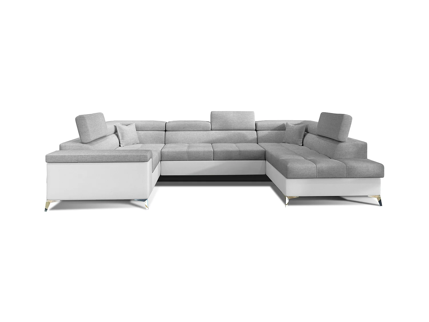 Canapé panoramique convertible tissu gris clair et simili cuir blanc avec coffre de rangement Triano 342cm-Coffre de rangement à droite