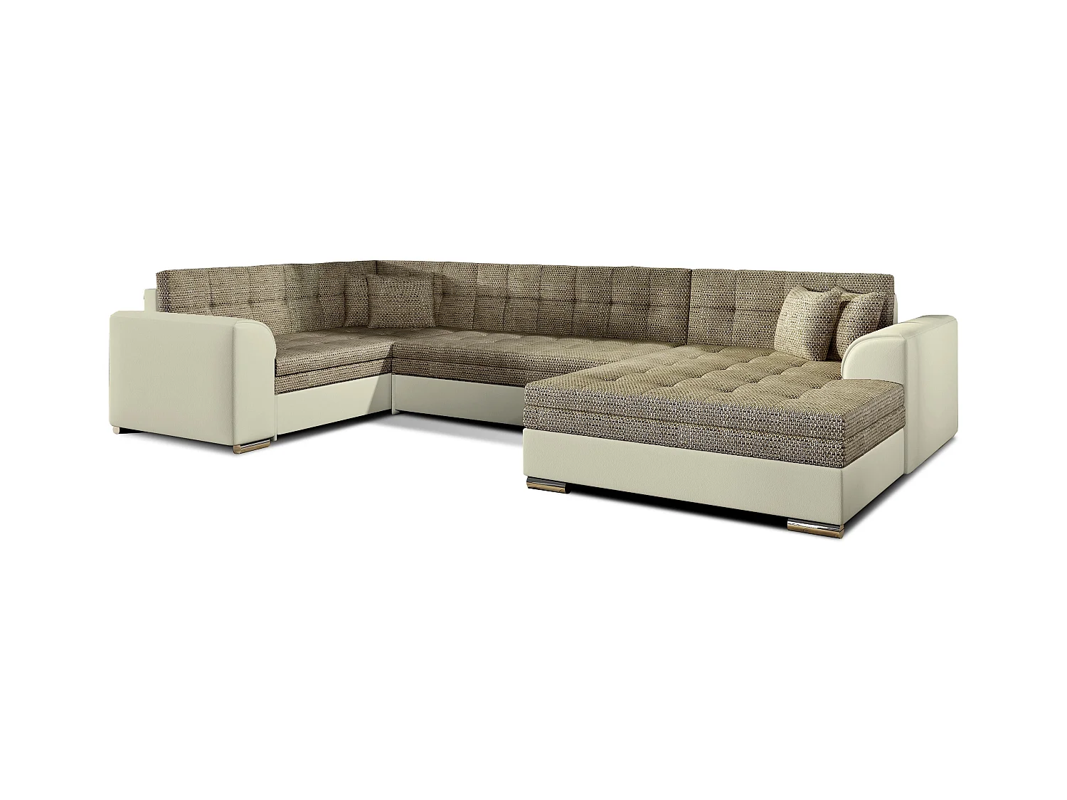 Canapé convertible panoramique tissu beige chiné et simili beige méridienne à droite Diana 340cm