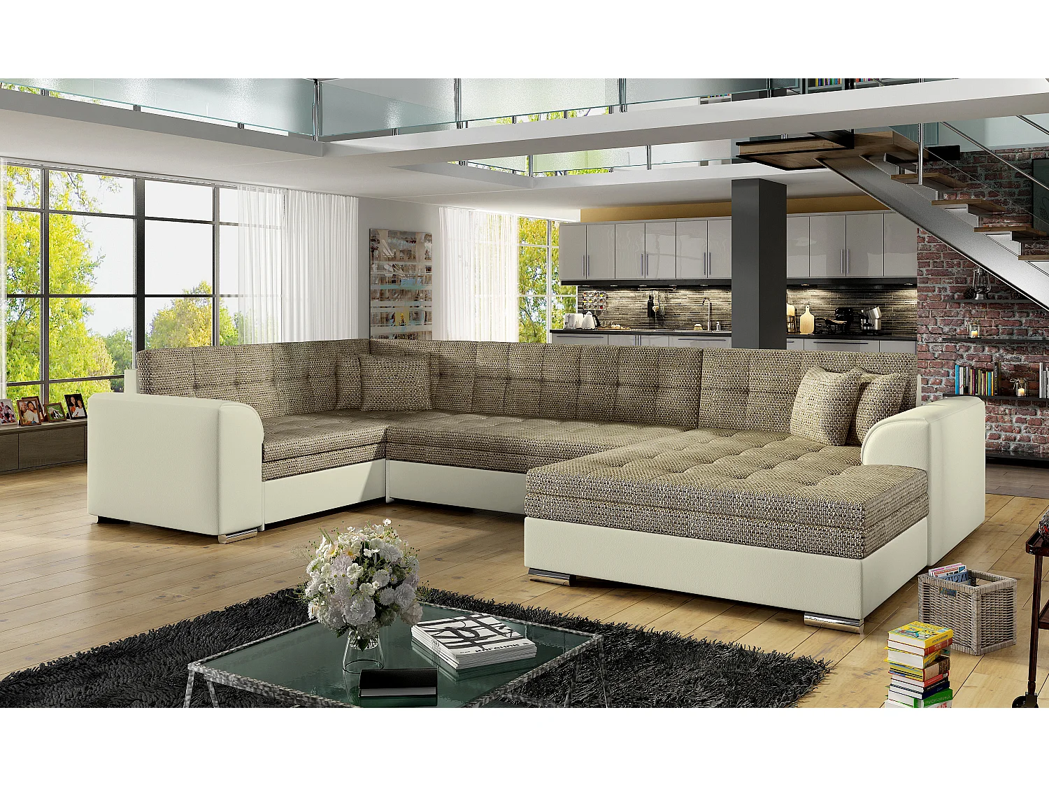 Canapé convertible panoramique tissu beige chiné et simili beige méridienne à droite Diana 340cm