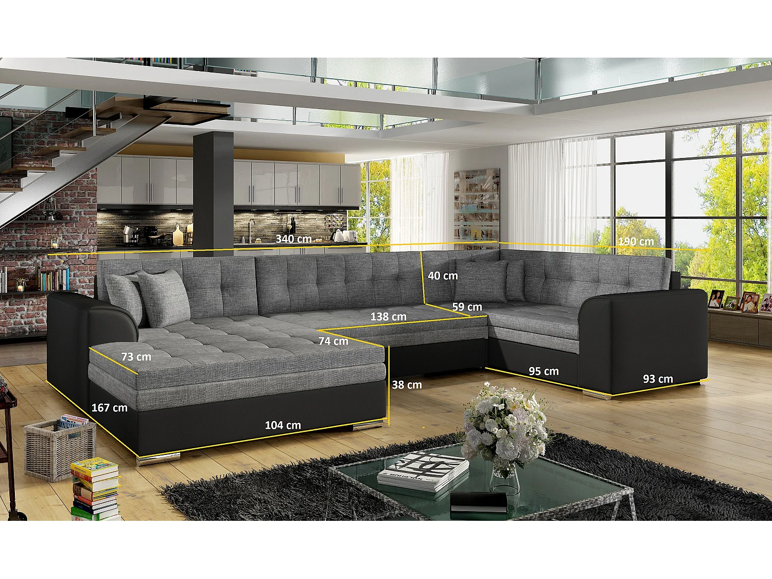 Canapé convertible panoramique tissu beige chiné et simili beige méridienne à droite Diana 340cm