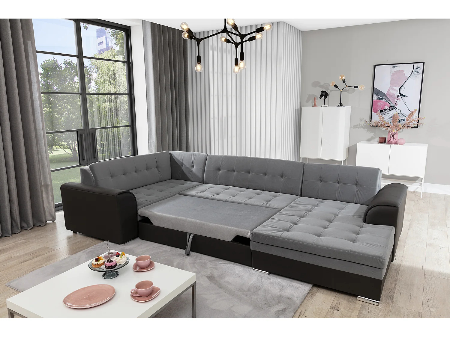 Canapé convertible panoramique tissu beige chiné et simili beige méridienne à droite Diana 340cm