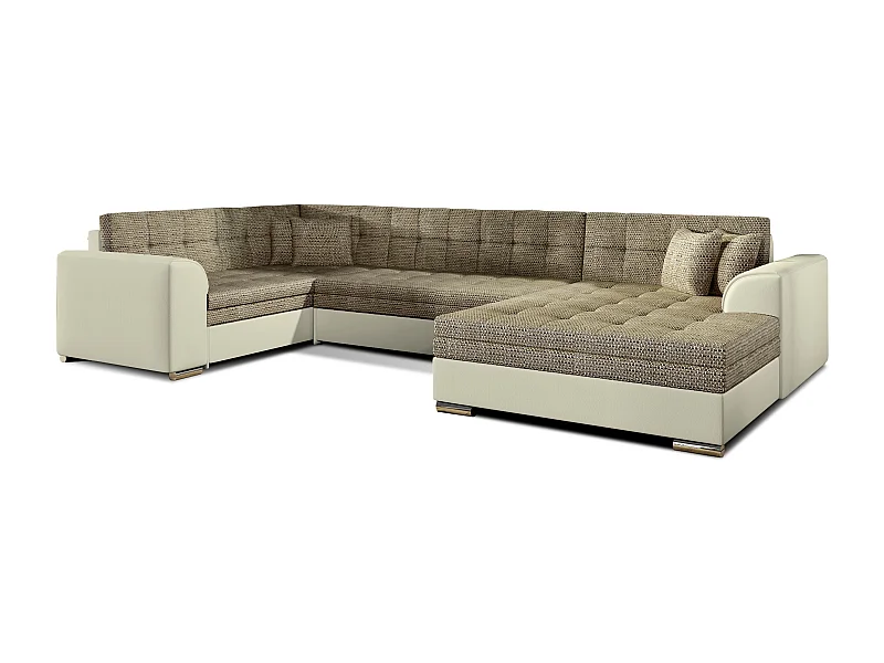 Panoramische slaapbank in gevlekte beige stof en beige imitatie chaise longue rechts Diana 340 cm