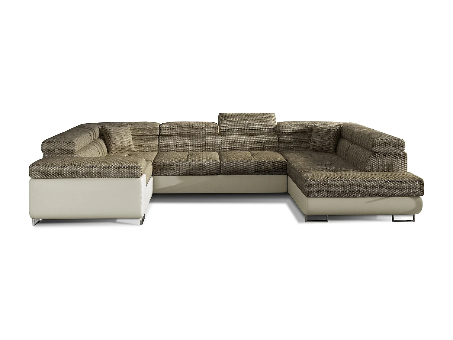 Rechte U-vormige slaapbank in gevlekt beige stof en crème imitatie met Tovy opbergdoos 340 cm