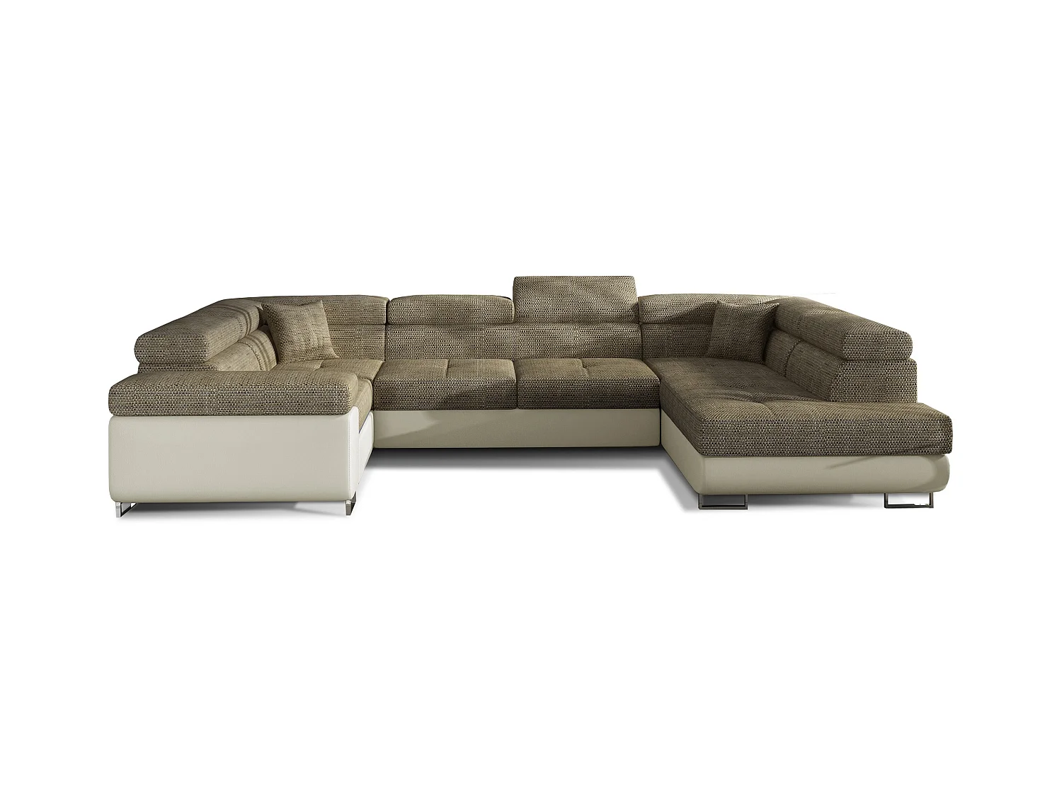 Canapé convertible U droit tissu beige chiné et simili crème avec coffre de rangement Tovy 340cm