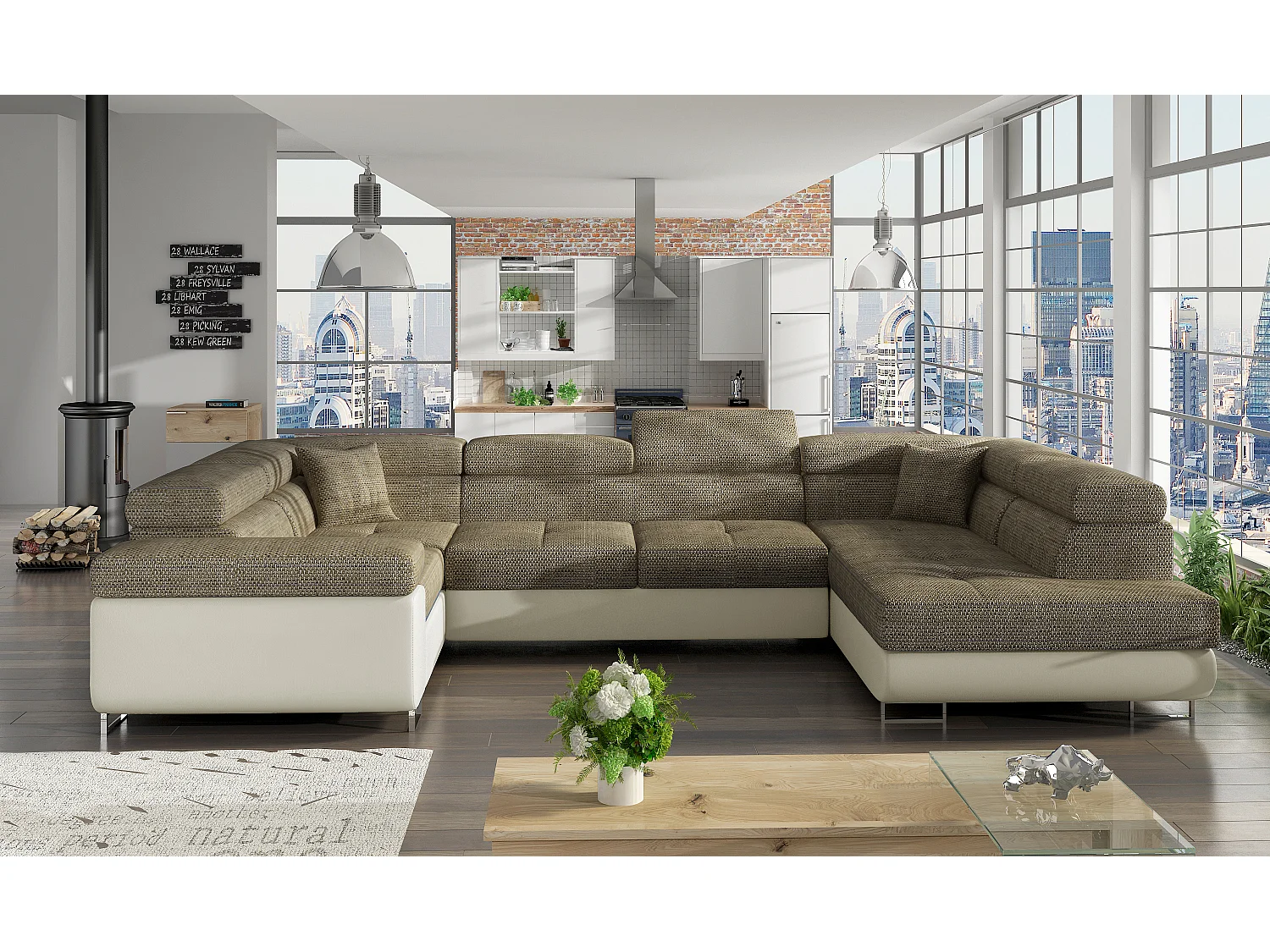 Canapé convertible U droit tissu beige chiné et simili crème avec coffre de rangement Tovy 340cm