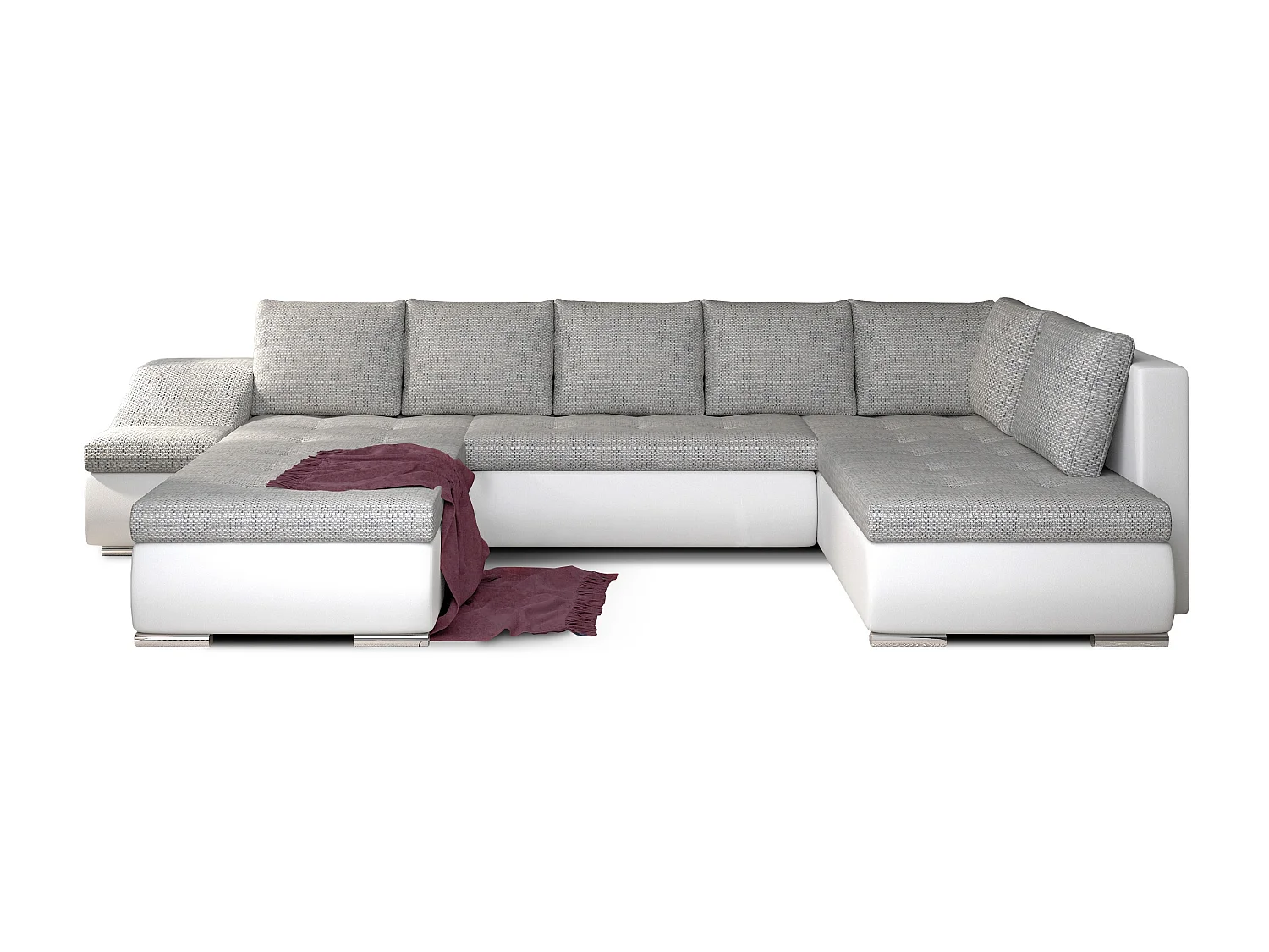 Canapé panoramique convertible tissu gris clair chiné et simili cuir blanc Jonaz 340cm-Méridienne A gauche