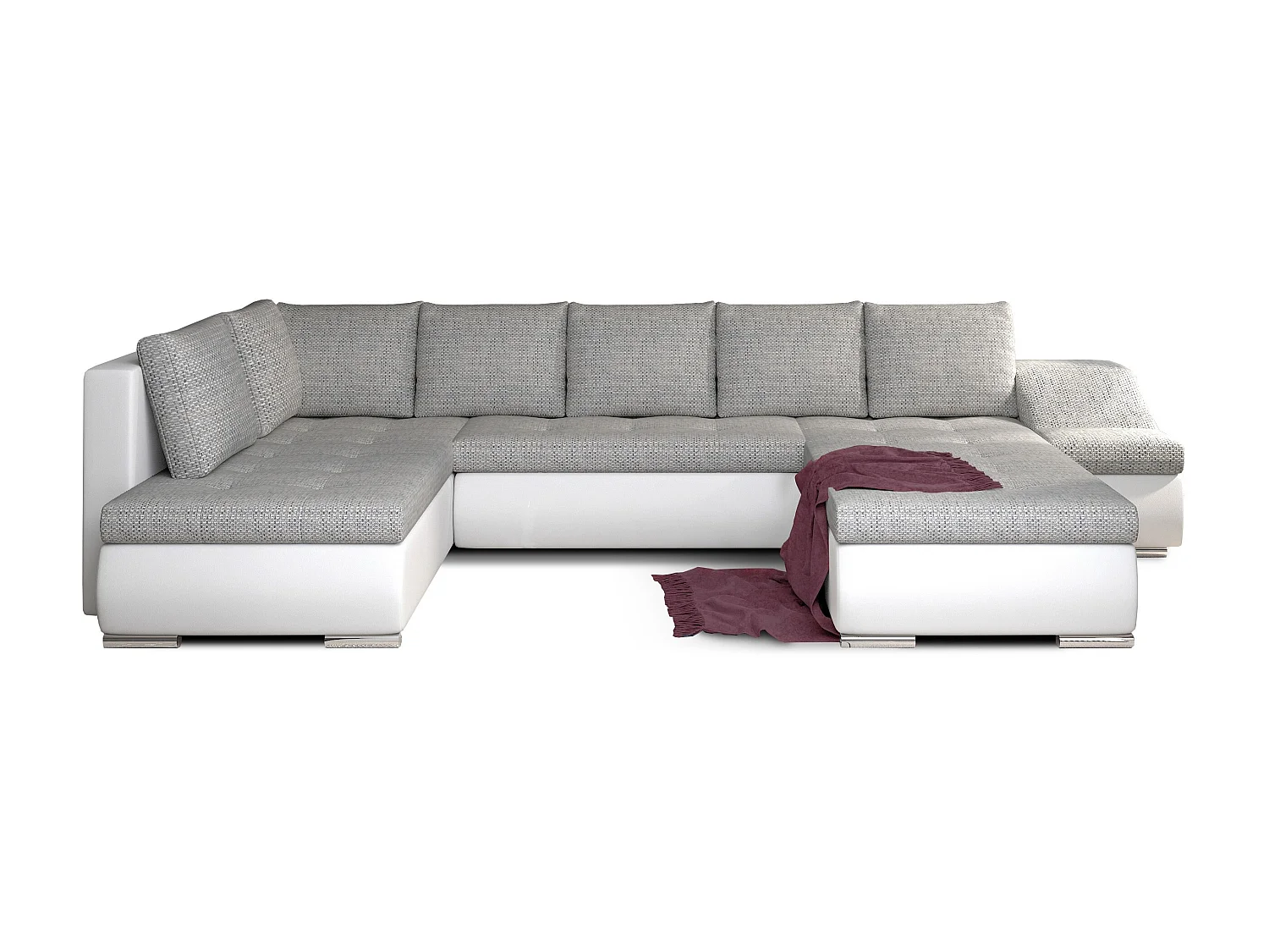 Canapé panoramique convertible tissu gris clair chiné et simili cuir blanc Jonaz 340cm-Méridienne A gauche