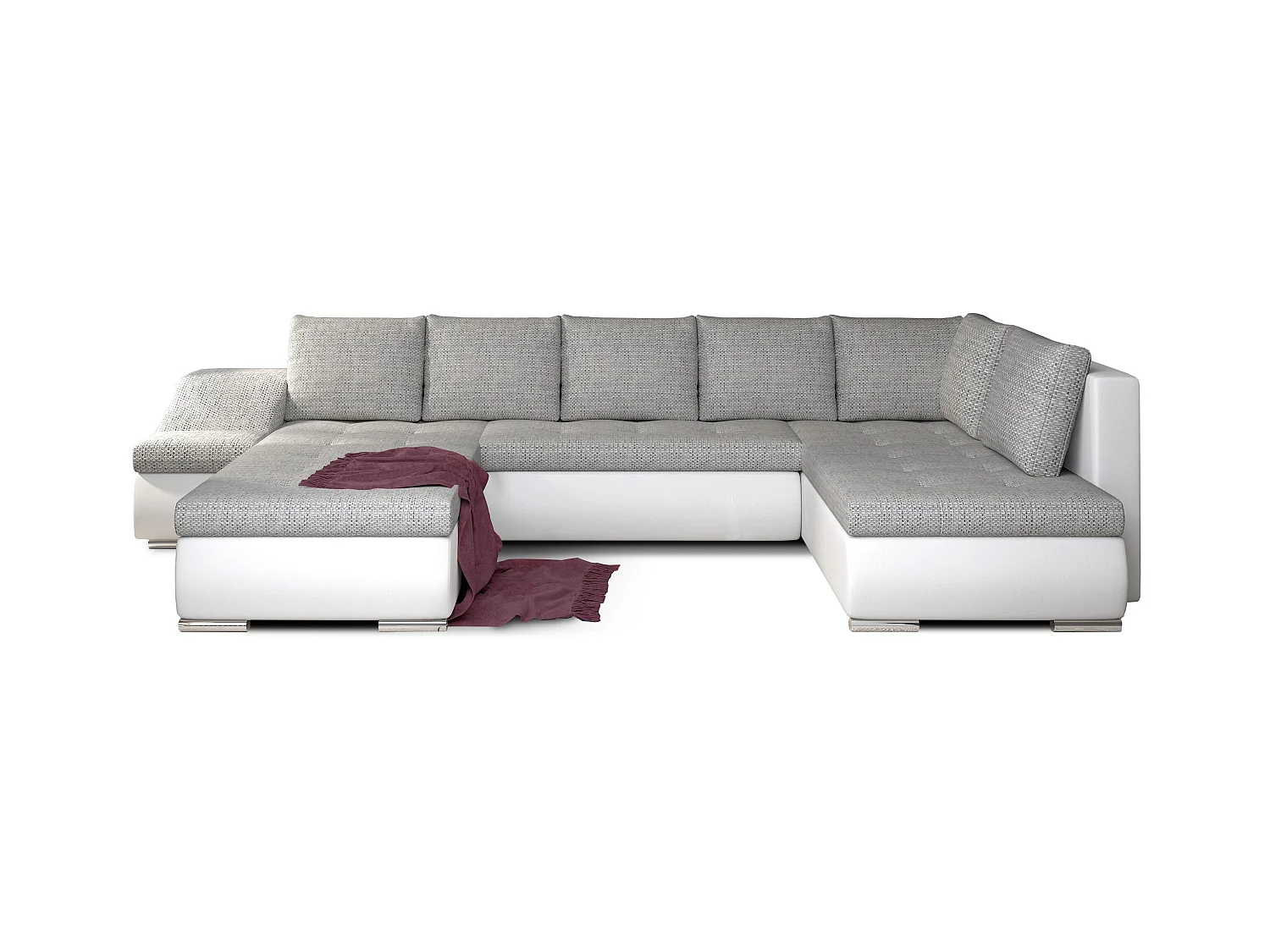 Canapé panoramique convertible tissu gris clair chiné et simili cuir blanc Jonaz 340cm-Méridienne A gauche