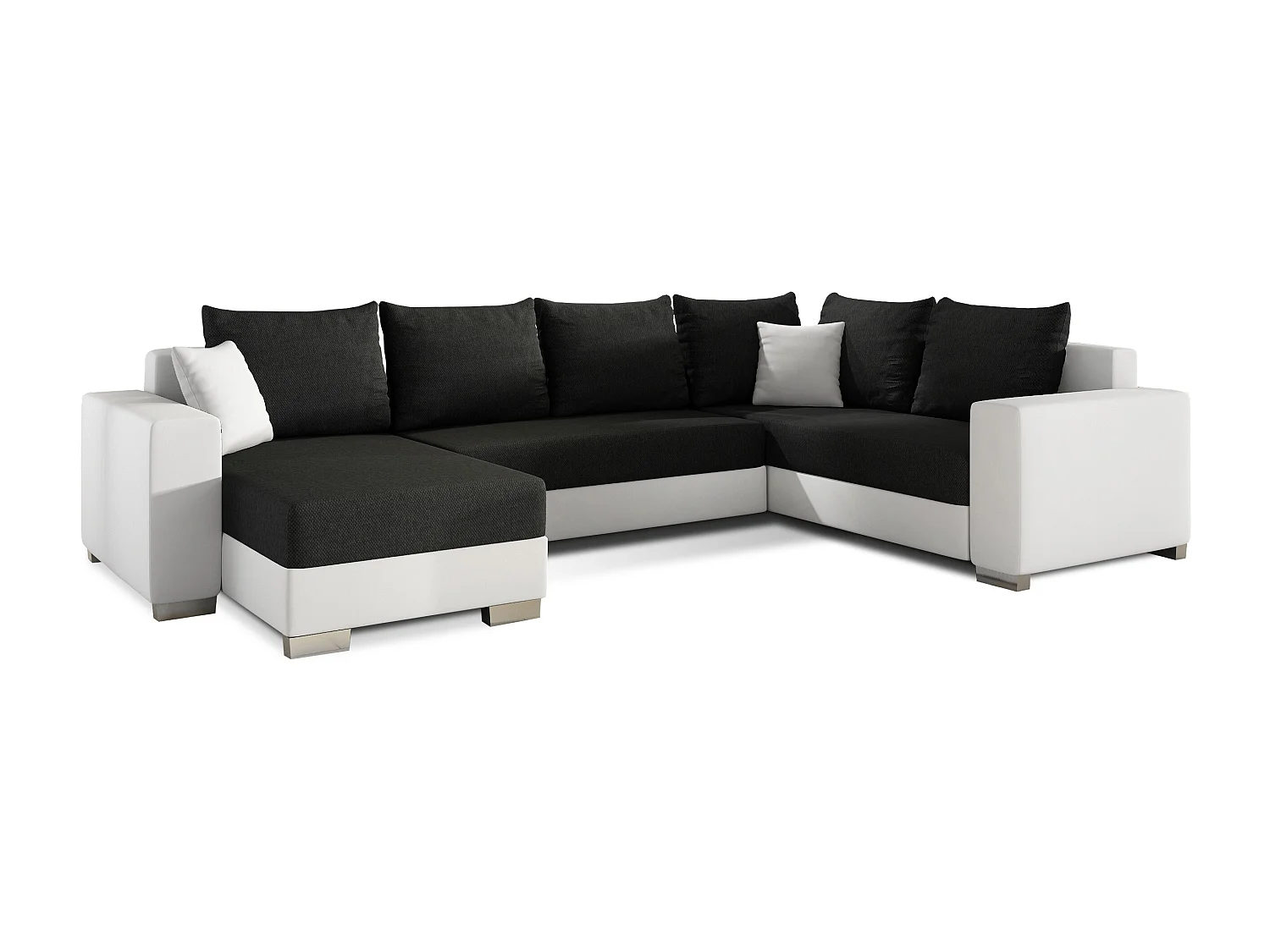 Canapé U convertible tissu noir et simili blanc coffre de rangement à gauche Marry 321cm