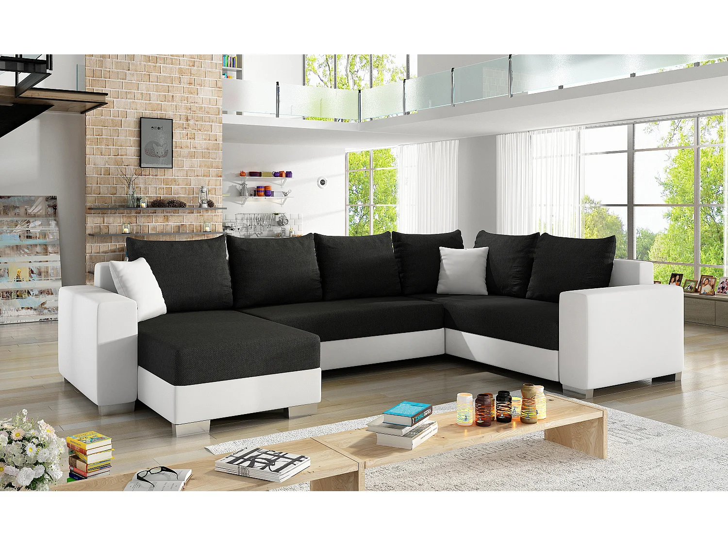 Canapé U convertible tissu noir et simili blanc coffre de rangement à gauche Marry 321cm