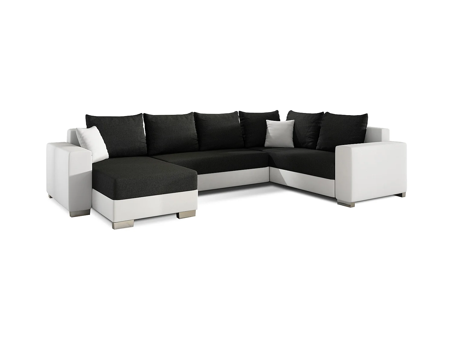 Canapé U convertible tissu noir et simili blanc coffre de rangement à gauche Marry 321cm