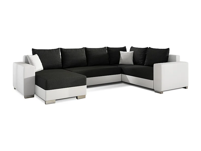 Canapé U convertible tissu noir et simili blanc coffre de rangement à gauche Marry 321cm