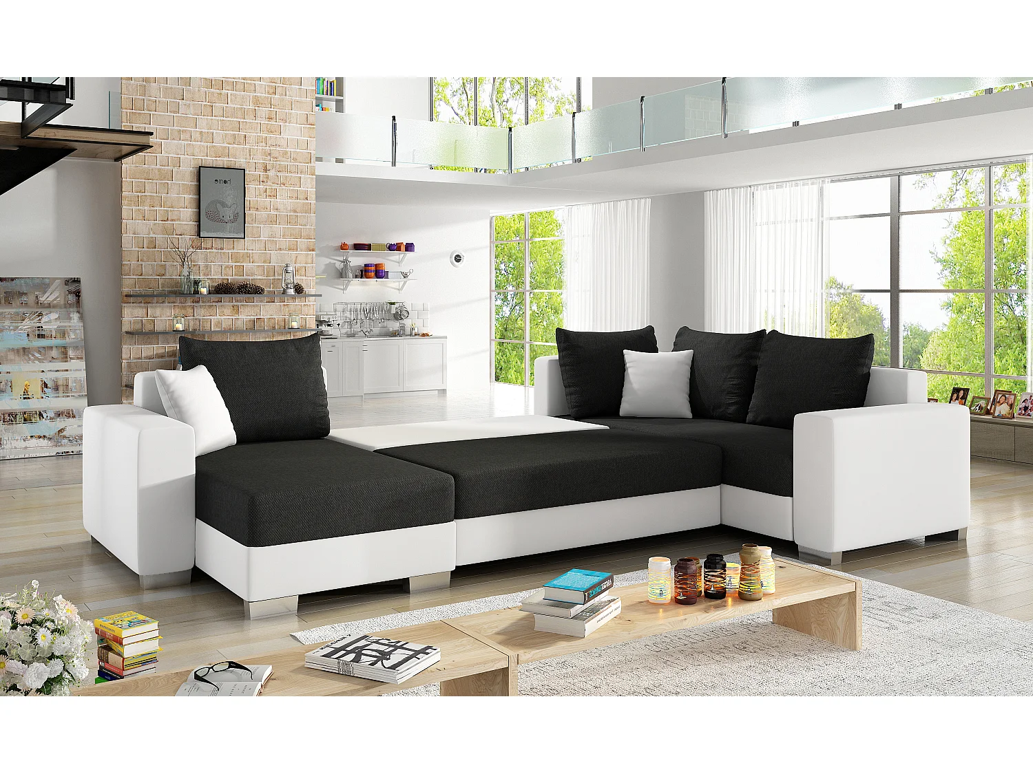 Canapé U convertible tissu beige chiné et simili marron foncé coffre de rangement à gauche Marry 321cm