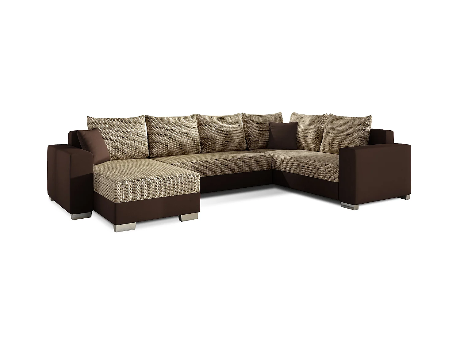 Canapé U convertible tissu beige chiné et simili marron foncé coffre de rangement à gauche Marry 321cm