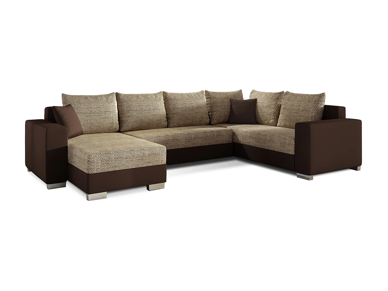 Canapé U convertible tissu beige chiné et simili marron foncé coffre de rangement à gauche Marry 321cm