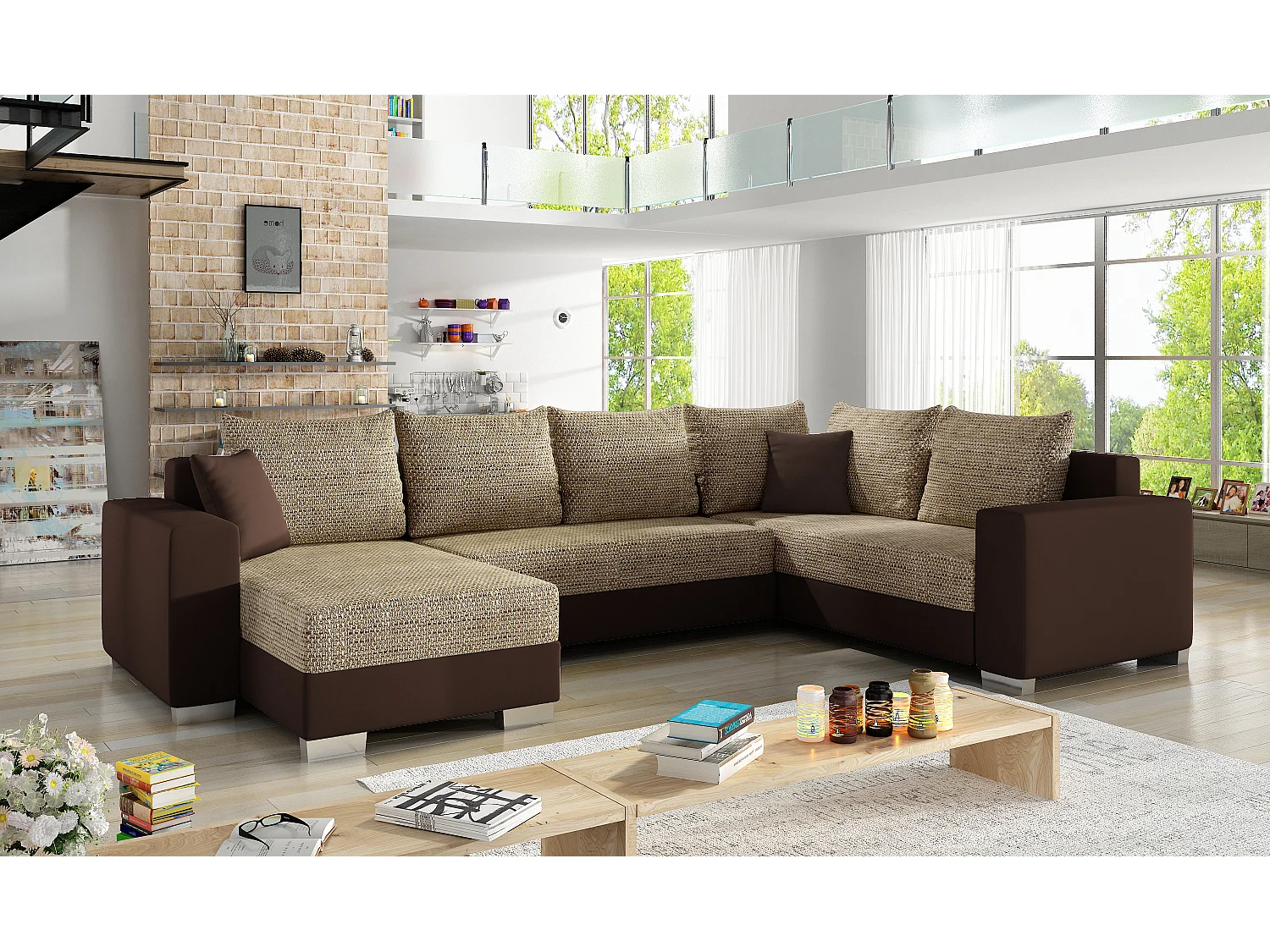 Canapé U convertible tissu beige chiné et simili marron foncé coffre de rangement à gauche Marry 321cm