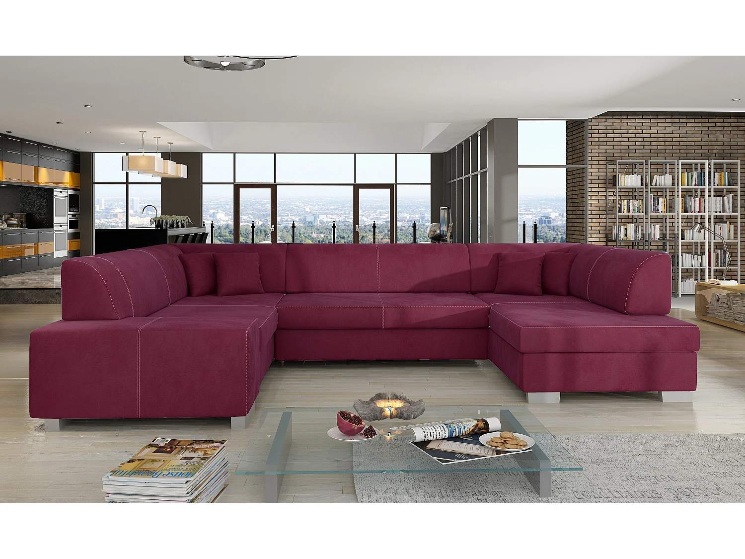 Canapé convertible panoramique velours bordeaux avec coffre de rangement Houston 320cm-Coffre de rangement à droite