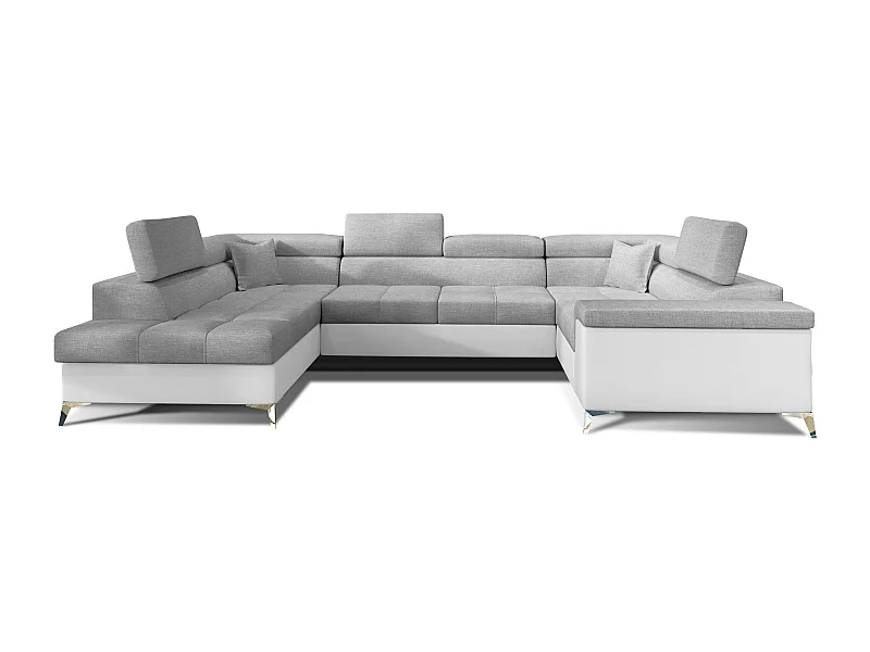 Canapé panoramique convertible tissu gris clair et simili cuir blanc avec coffre de rangement Triano 342cm-Coffre de rangement à gauche