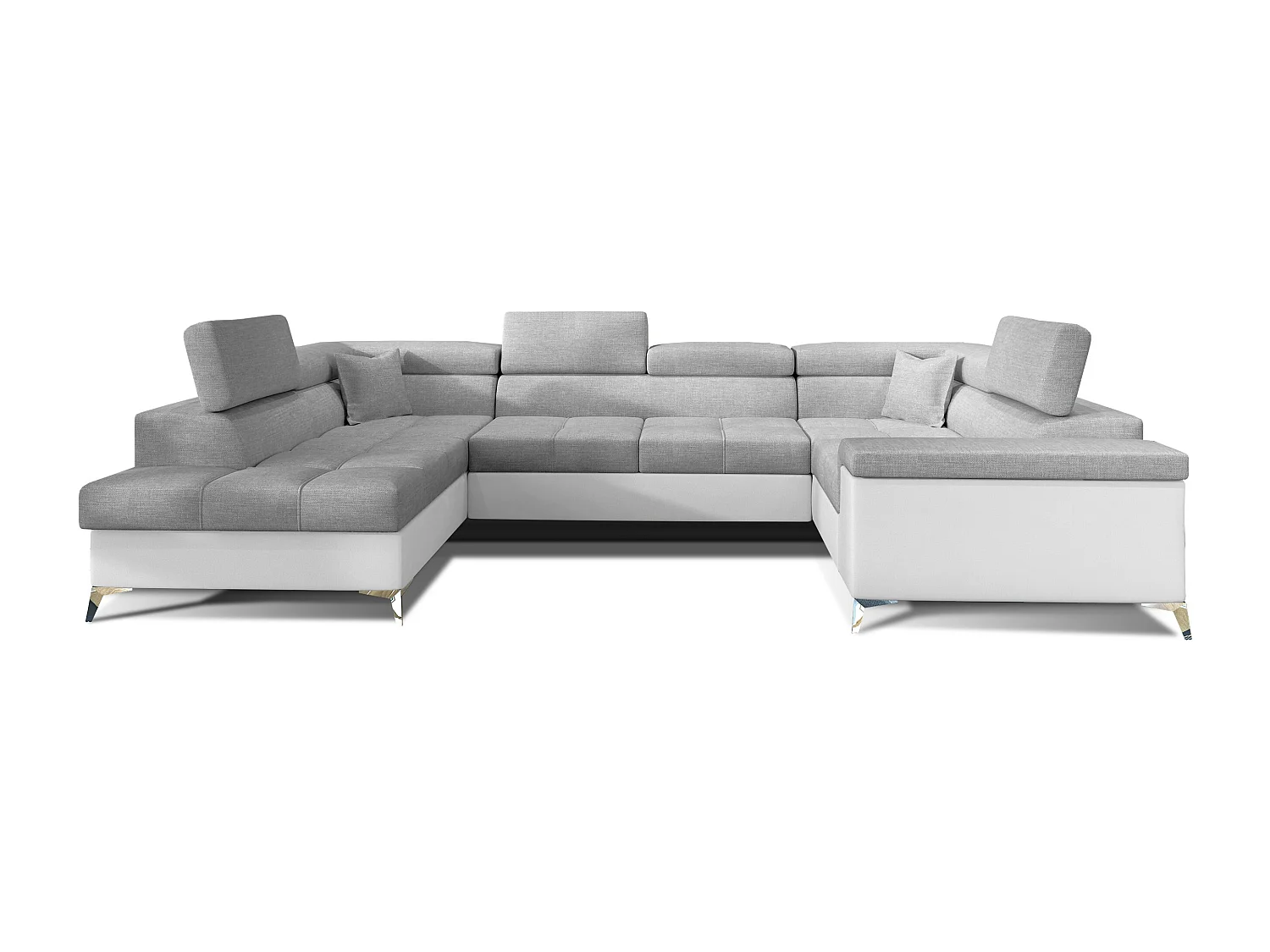 Canapé panoramique convertible tissu gris clair et simili cuir blanc avec coffre de rangement Triano 342cm-Coffre de rangement à gauche