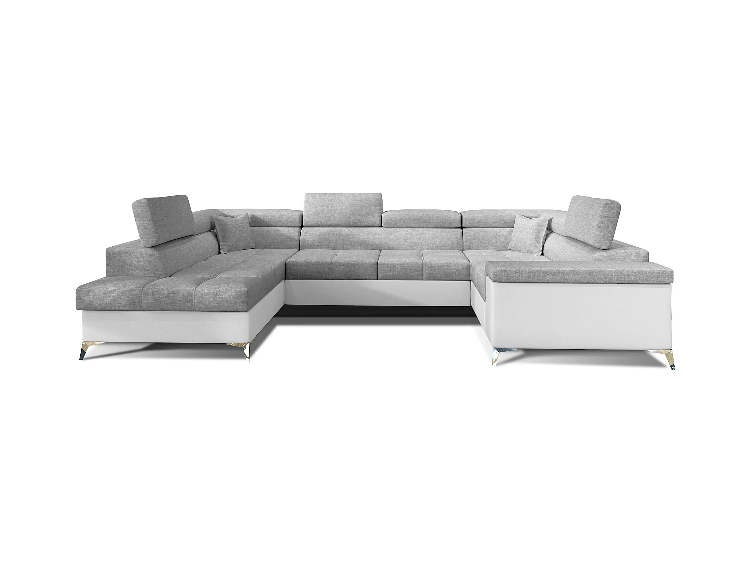 Canapé panoramique convertible tissu gris clair et simili cuir blanc avec coffre de rangement Triano 342cm-Coffre de rangement à gauche
