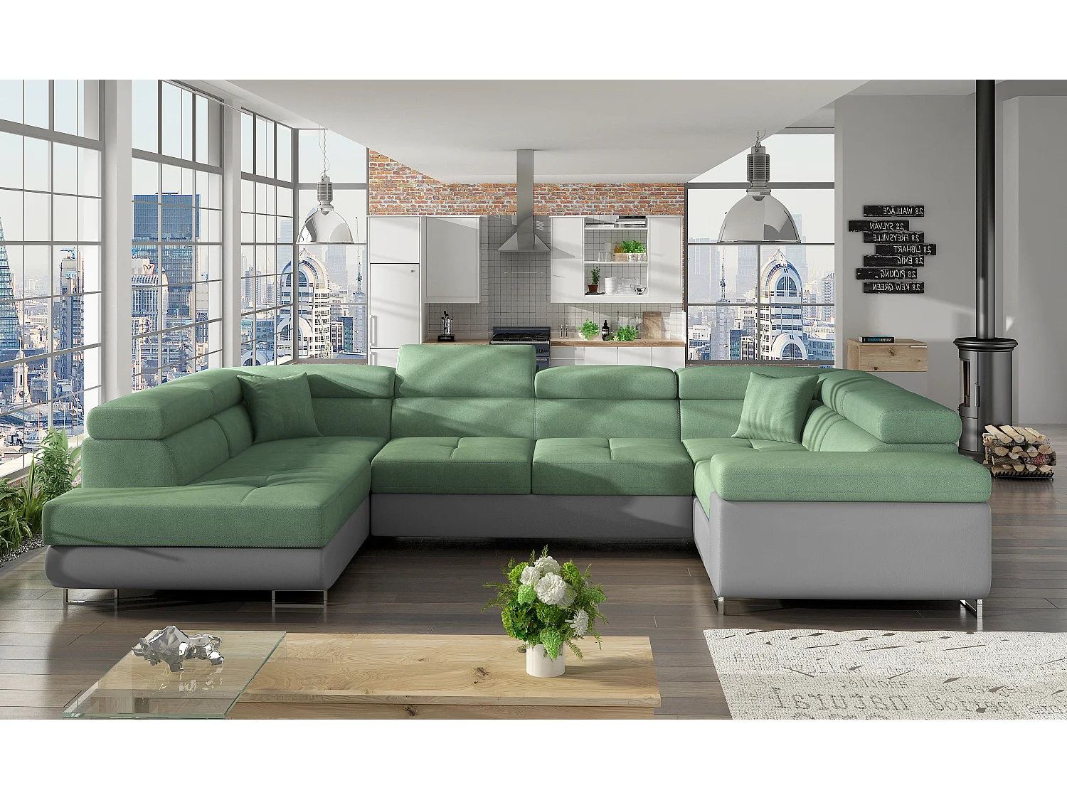 Canapé convertible U gauche tissu vert et simili gris avec coffre de rangement Tovy 340cm