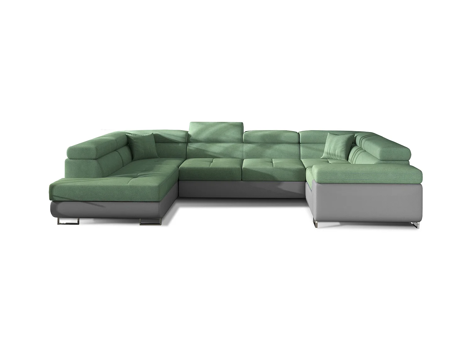 Canapé convertible U gauche tissu vert et simili gris avec coffre de rangement Tovy 340cm