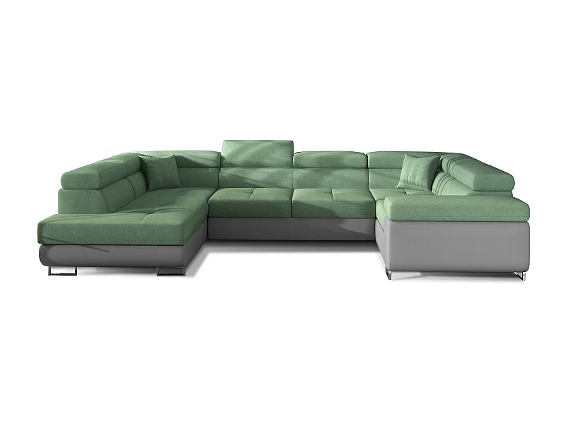 Linker U slaapbank in groene stof en grijze imitatie met Tovy opbergdoos 340 cm