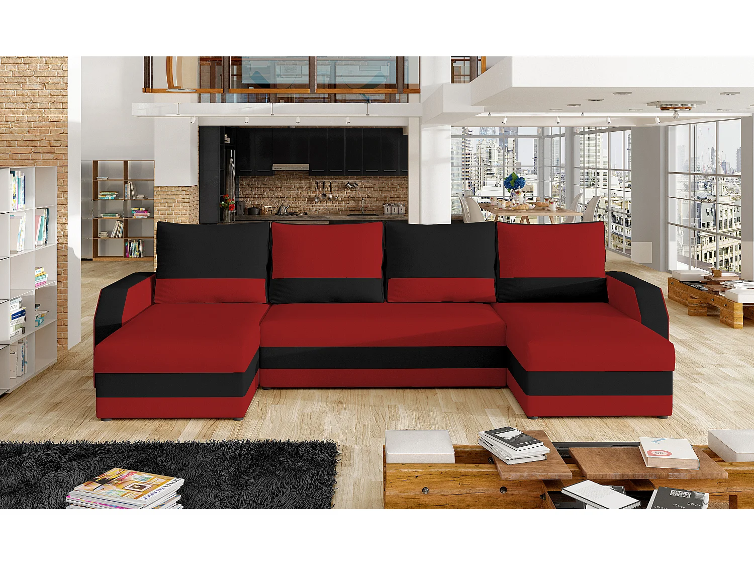 Canapé d'angle convertible panoramique bicolore tissu rouge et noir Nordy 307cm