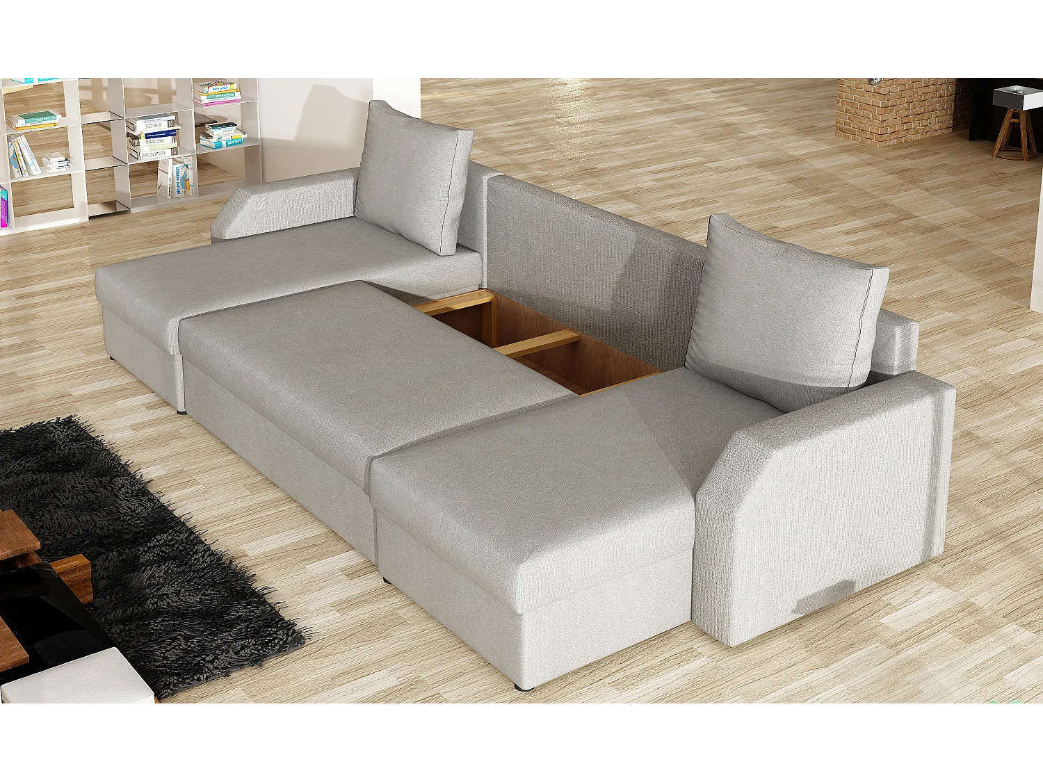 Canapé d'angle convertible panoramique bicolore tissu rouge et noir Nordy 307cm