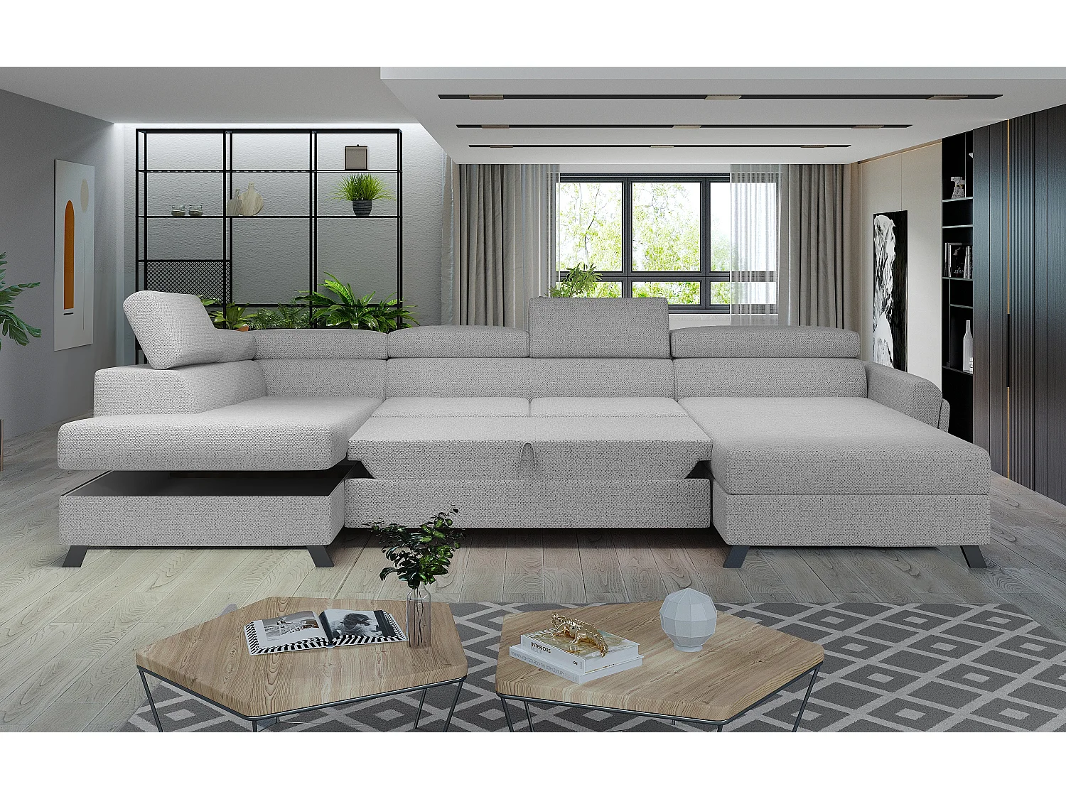 Grand canapé panoramique convertible tissu anthracite avec coffre Konba 370cm-Coffre de rangement à gauche