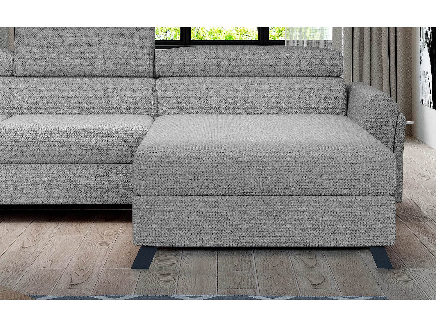 Grand canapé panoramique convertible tissu anthracite avec coffre Konba 370cm-Coffre de rangement à gauche